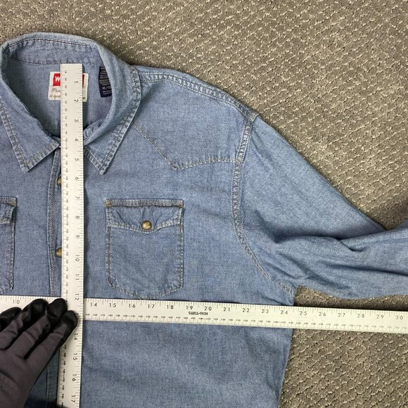 Wrangler Pearl Snap Chambray Shirt Men's XL Blue Denim Chore Western - Picture 10 of 15